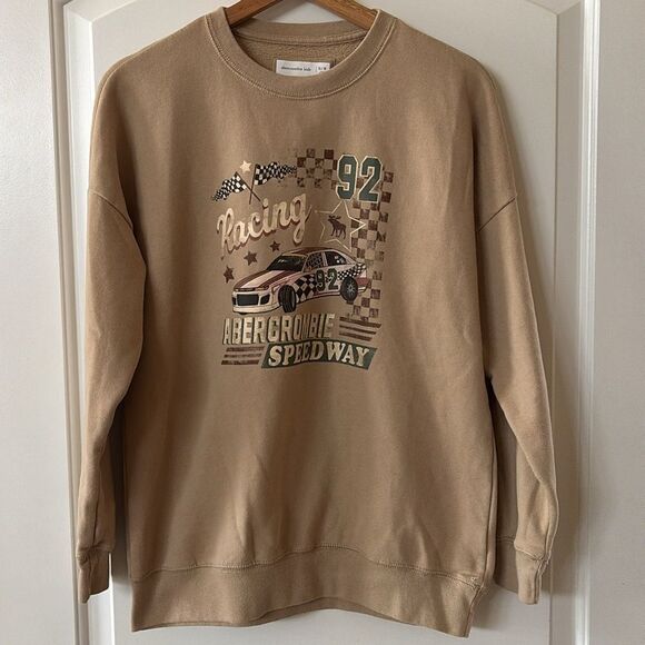 Abercrombie & Fitch Tops - Abercrombie Fitch tan crewneck sweatshirt racing speedway A & F‎ Women’s XS